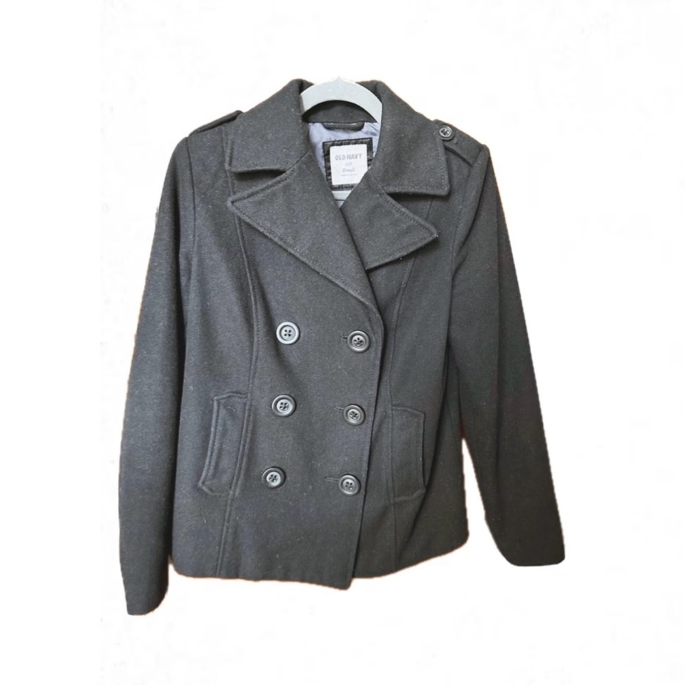 Old Navy wool double breasted black pea coat - Picture 2 of 7